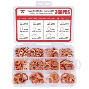 360 count Copper Washers Assortment Kit - 10 Sizes Metric Copper Crush Washers M5 M6 M8 M10 M12 M14, Flat Sealing Washers for Oil Drain Plug, Automotive, Plumbing, Hydraulic, , High Temp Systems