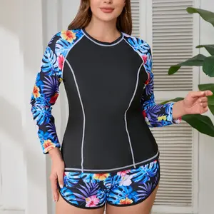 Women's Plus-Size Long-Sleeve Printed Conservative Rash Guard Tankini Swimsuit for Beach Surfing