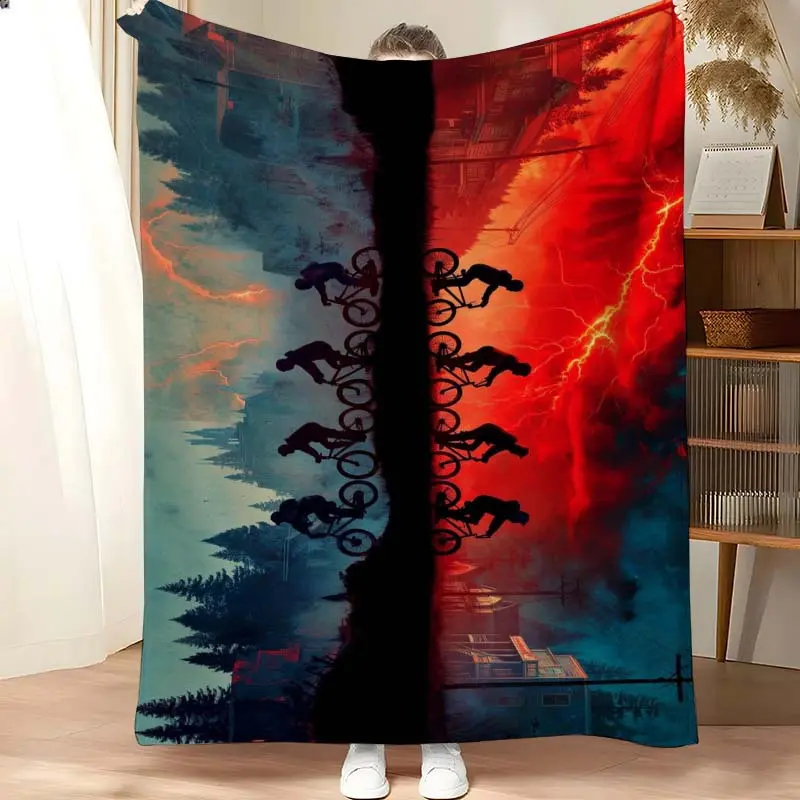 BMX Bike Silhouette Throw Blanket, Split Red & Blue Lightning Themed Cozy Blanket, Soft Fluffy Lightweight Blanket for All Seasons, Anti-Pilling Washable Decorative Blanket