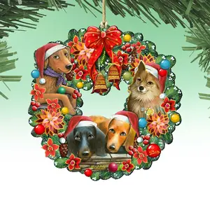 Designocracy 8185307-6-SL-S2 5 x 5.5 in. Christmas Friends Puppy Wreath Wooden Ornaments - Set of 2