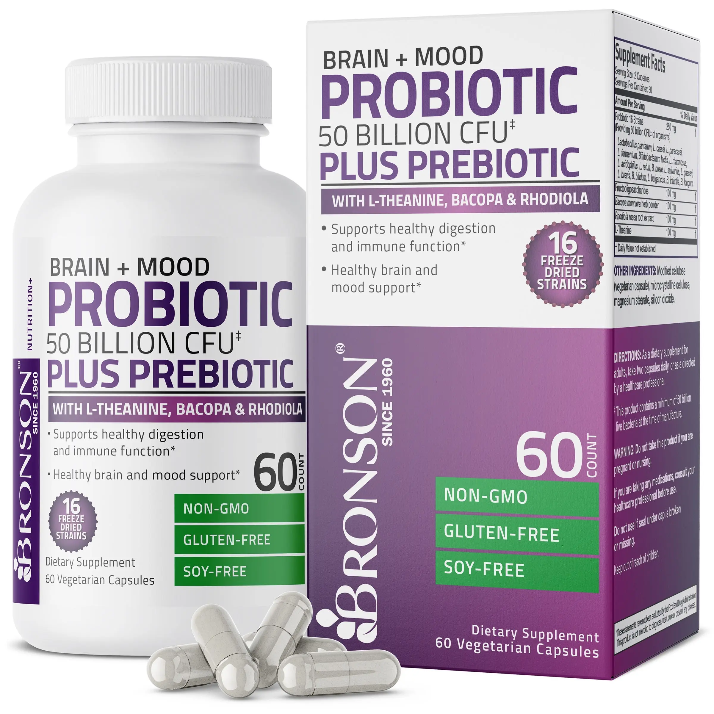 Bronson Brain + Mood Probiotic 50 Billion CFU Plus Prebiotic with L-Theanine, Bacopa and Rhodiola Non-GMO, 60 Vegetarian Capsules Fitness Edible cortisol  supplement  women probiotics  women brain health Probiotic Supplement for Digestive Health