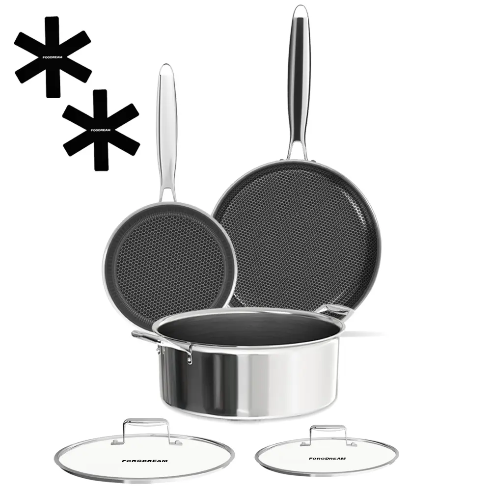 Fogdream Fogdream Tri-Ply Stainless Steel Cookware Set Honeycomb Nonstick Pots and Pans with 360-Degree Swivel Handle for All Cooktops and Oven