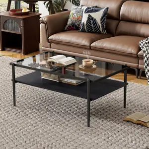 Rectangle Coffee Table with Gray Tempered Glass Top and Black Legs,Modern Table for Living Room