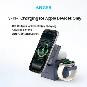 Anker 3-in-1 MagSafe Charger Stand, Foldable, 15W Fast Charging for iPhone 17 / 16 / 15 / 14 Series, Apple Watch, and AirPods (Charger and Interchangeable Plugs Included)