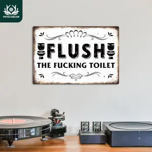 Vintage Metal Tin Sign, 1 Count Flush The Toilet Wall Art Decor Wall Art Decor for Home Farmhouse Toilet Bathroom Washroom Restroom Decorative Plaque Bathroom Decorations