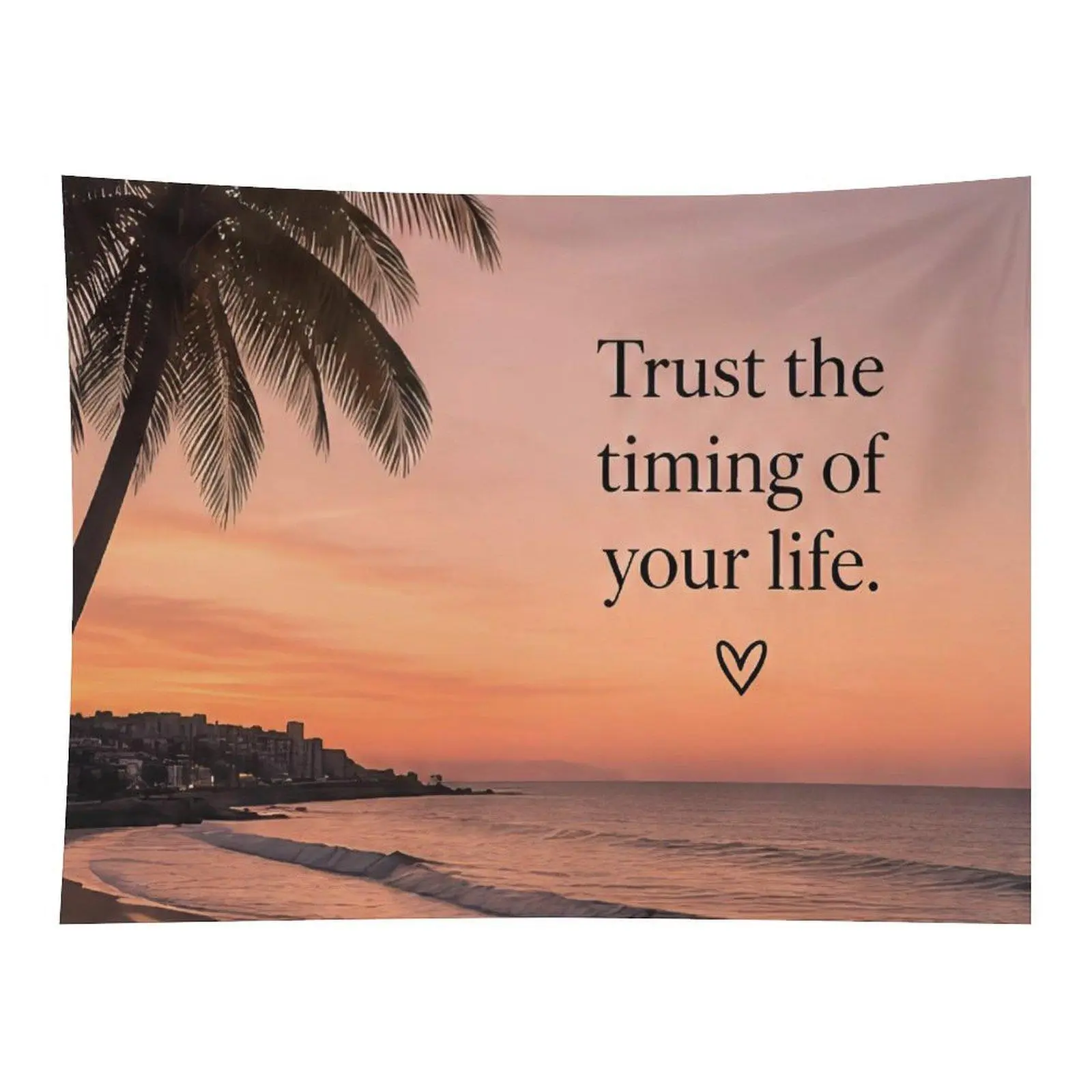 Tropical Sunset Palm Tree Beach Ocean Inspirational Quote Trust The Timing Of Your Life Soft Peach Sky Girly Calm Aesthetic Wall Tapestry For Bedroom Dorm Decor