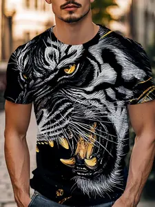 Gold Tiger Full Print Short Sleeve T-Shirt, American Luxury Hard Core Style, Skin-Friendly Breathable, Streetwear Fashion, Holiday Gift