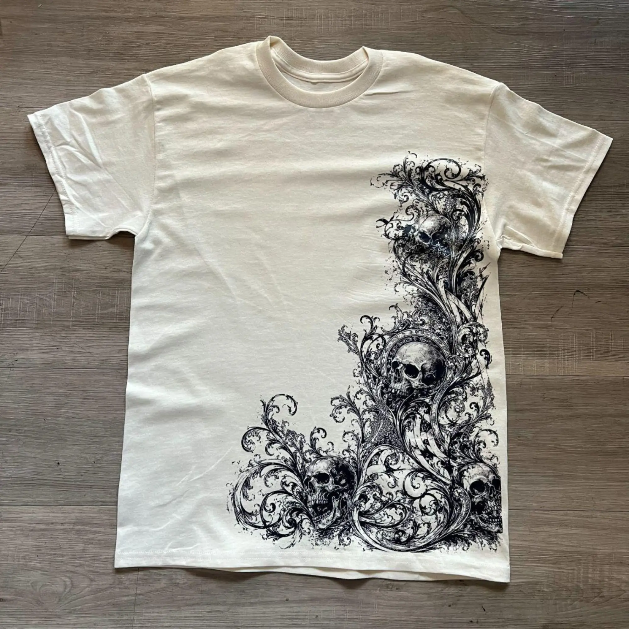 Vintage Gothic Skulls & Baroque Floral Corner Print T-Shirt - Retro Dark Art Cream Off Graphic Tee, Unisex Vintage Graphic Tees Gothic Grunge Y2k Emo Scene Amity Affliction Style Clothes Men Women Streetwear Summer