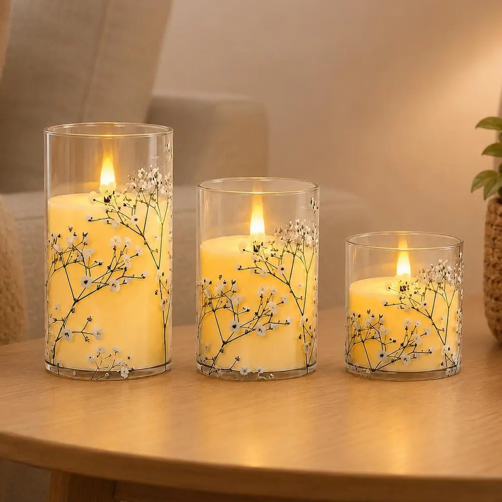 3-piece set, white-flower LED tealight candles, battery-powered, warm-glow candles with transparent floral patterns, tiered table decoration, suitable for bedrooms, living rooms, bathrooms, and holiday home decor