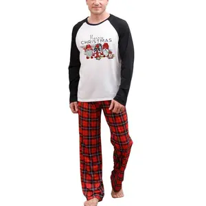 Matching Christmas pajamas for the family featuring a gnome print, long-sleeve tops and elastic plaid pants—soft loungewear sleepwear
