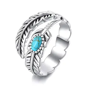 925 Sterling Silver Turquoise Stone Adjustable Open Feather Ring .Vintage Boho Style Jewelry for Women& Men, Ideal Gift for Thanksgiving/Christmas Trendy Fashion Jewelry
