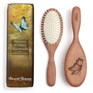 Desert Breeze Natural Wood Bristle Hair Brush for Gentle Scalp Massage, Pear Wood Handle, Made in Germany with Anti-Static Rounded Wooden Pins