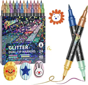 24 Double-Tipped Glitter Markers - 48 Sparkling Colors Brush & Fine Tip Pens, Glitter Metallic Marker Office Stationery Writing Tools for Crafts, Journaling, Teen DIY Art Birthday Gifts, Double Tipped Markers
