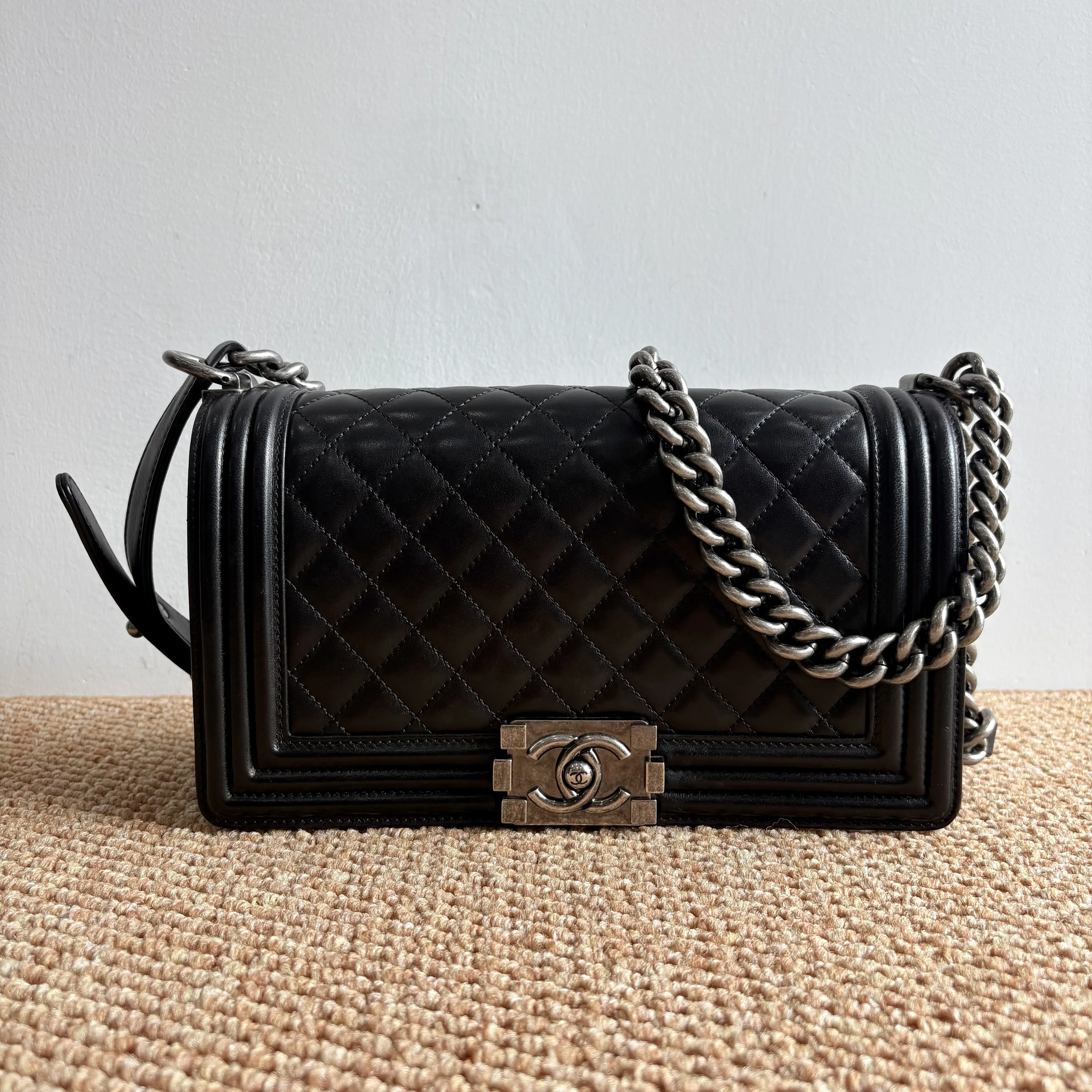 Pre-owned CHANEL LeBoy Bag – Medium, Black Calfskin, Silver Hardware, Quilted Chain Shoulder/Crossbody Bag, Authentic Handbag, One Shoulder Handbag, Structured Bag