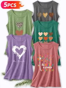 Women's 5-Piece Casual Sleeveless Tank Tops, Three Colors Heart 'be Kind' Print, Soft Fabric, Spring Summer Clothing