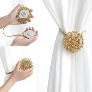 2pcs Crystal Flower Curtain Tiebacks Magnetic Holdback Clips, High Elasticity Spring Wire Fixing Accessories for Home Office Decorations Easy Install Curtain