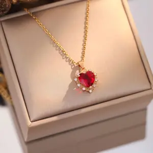 Sparkling Heart-Shaped Ruby CZ Necklace • Dainty Gold Choker • Cute Love Jewelry • Perfect Holiday Gift for Women & Girls