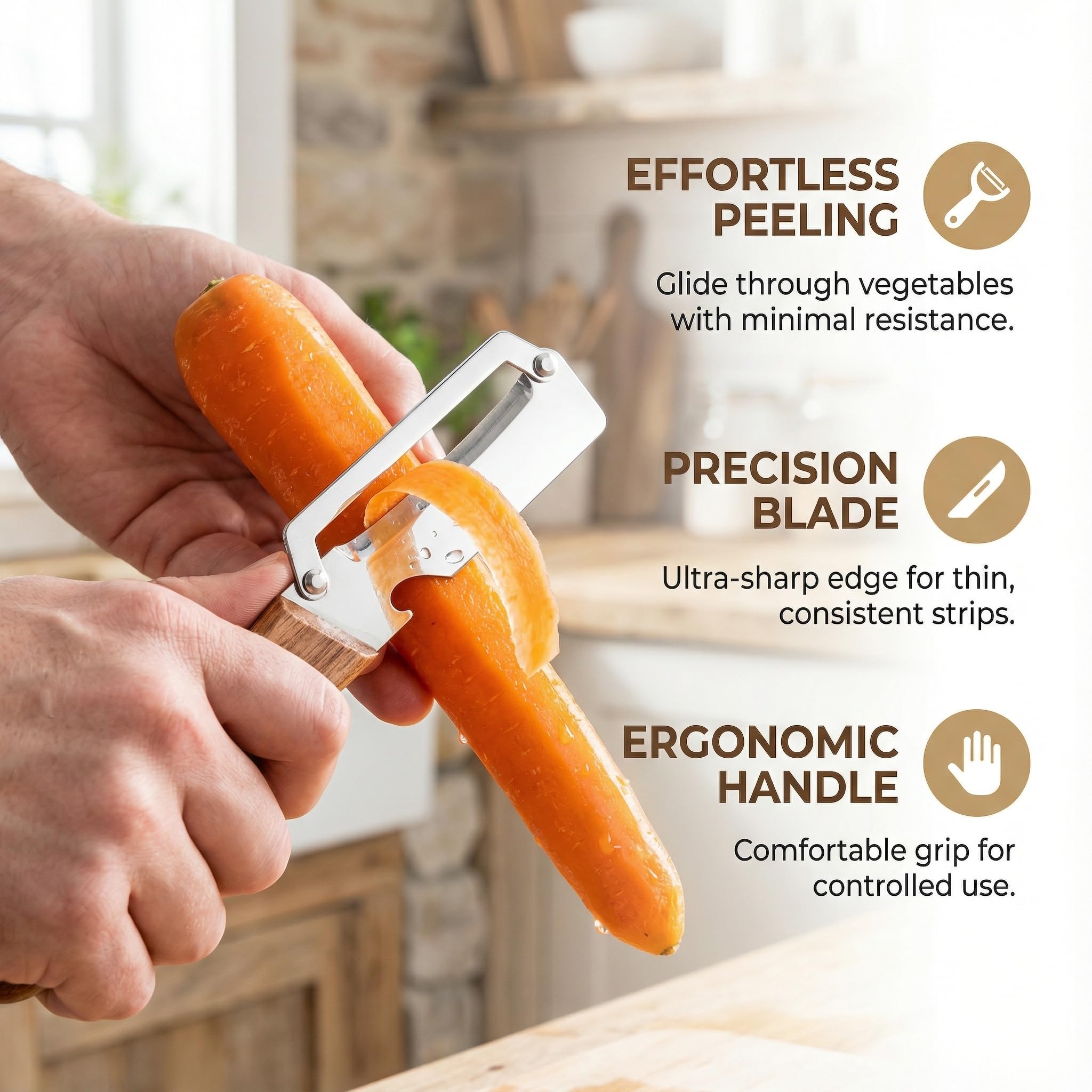Wooden-Handled Stainless Steel Sharp Peeler with Built-In Bottle Opener for Fruits & Vegetables Ergonomic Non-Slip Handle Long-Lasting Construction Essential Kitchen Tool