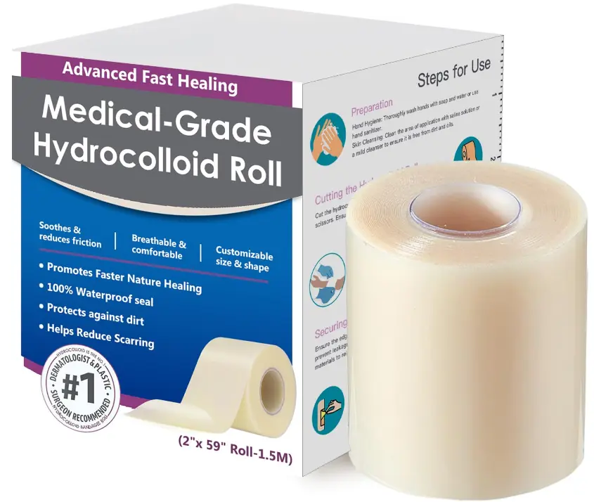 Hydrocolloid Roll for Wound Care, Medical-Grade Hydrocolloid Bandages with Self-Adhesive, Cut-to-Size Patch Bandages, Ultra Absorbent, Waterproof, First Aid Kit Essential (2in*4.8ft)