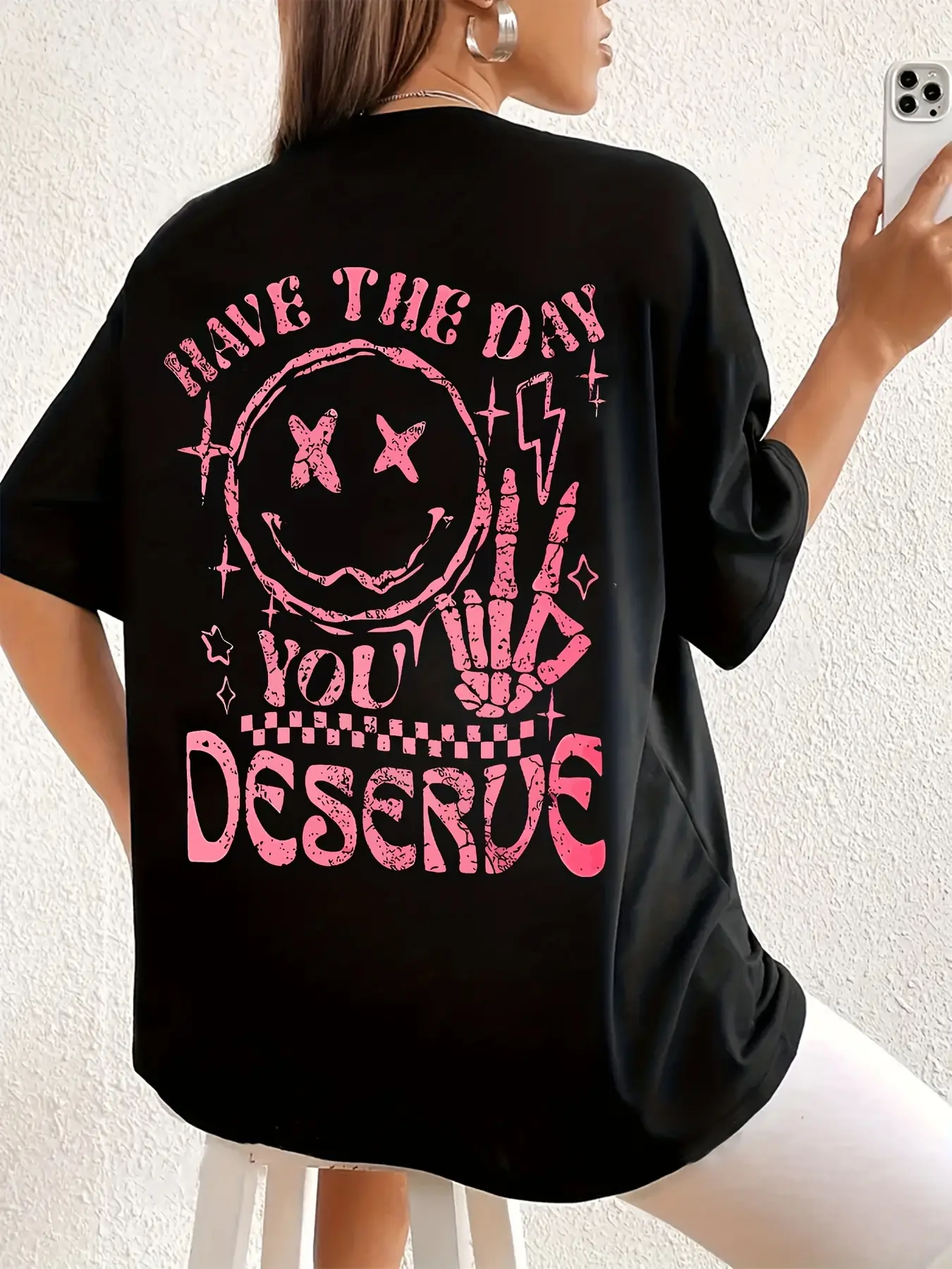 Women Plus Oversized Pattern T-Shirt-"Have The Day You Deserve" Slogan, XINGX with Lightning Pattern, Black& Pink Casual Short Sleeve Round Neck Top, Machine Washable Spring And Summer T-Shirt, Women'S Daily Comfort Street Style, Loose Design