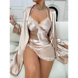 2025 Contrast Lace Trim Pajama Set – Backless Slip Dress & Long Sleeve Robe – Elegant Black Sleepwear for Loungewear