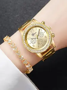 2pcs Elegant Rhinestone Decorated Quartz Watch and Bracelet for Women, Exquisite Fashion Watch and Bracelet, Fashion Watch Set as Gift for Women with Box