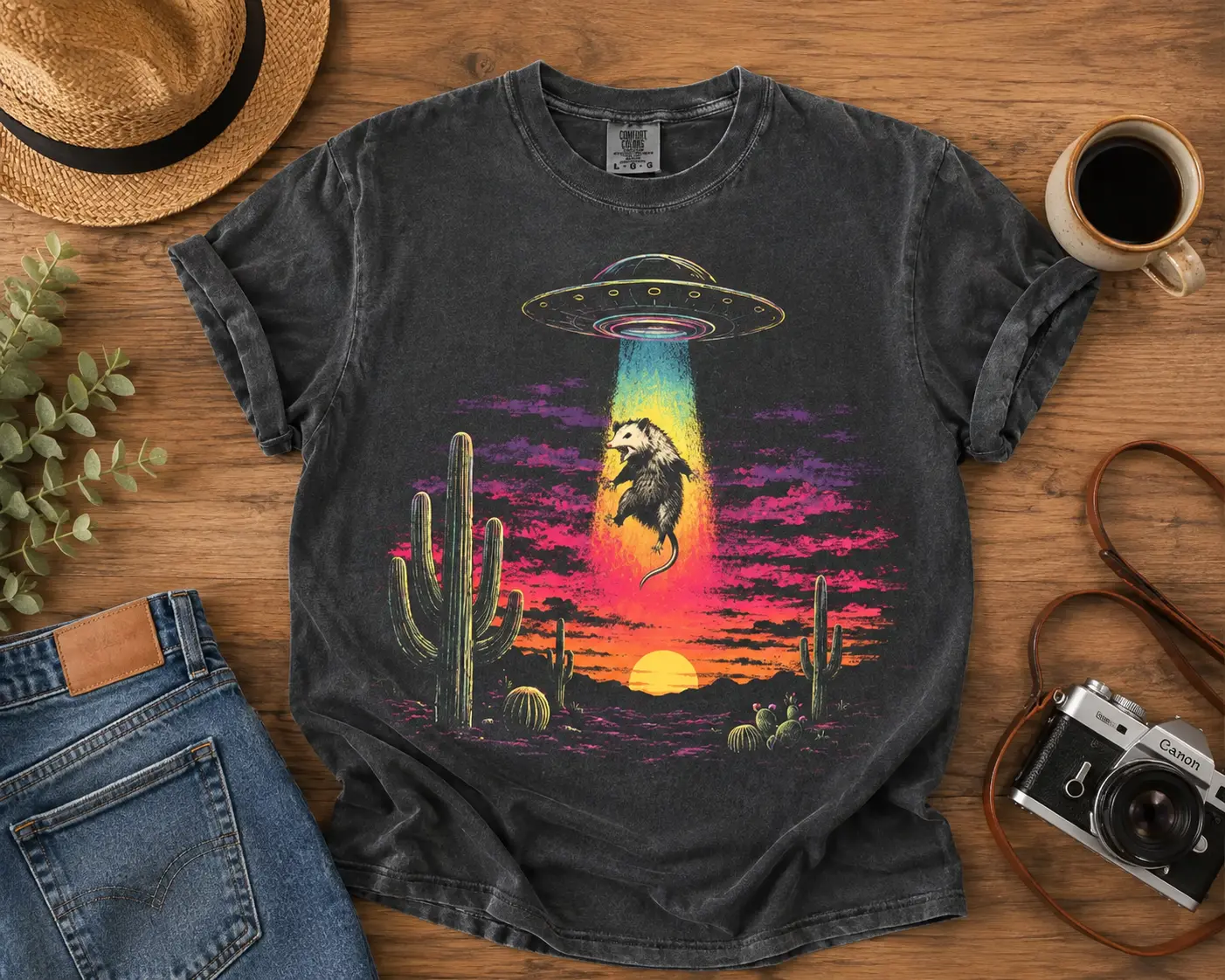 Comfort Colors Funny Possum Flying Saucer Shirt –  Graphic Tee, Cute Spooky Unisex Gift