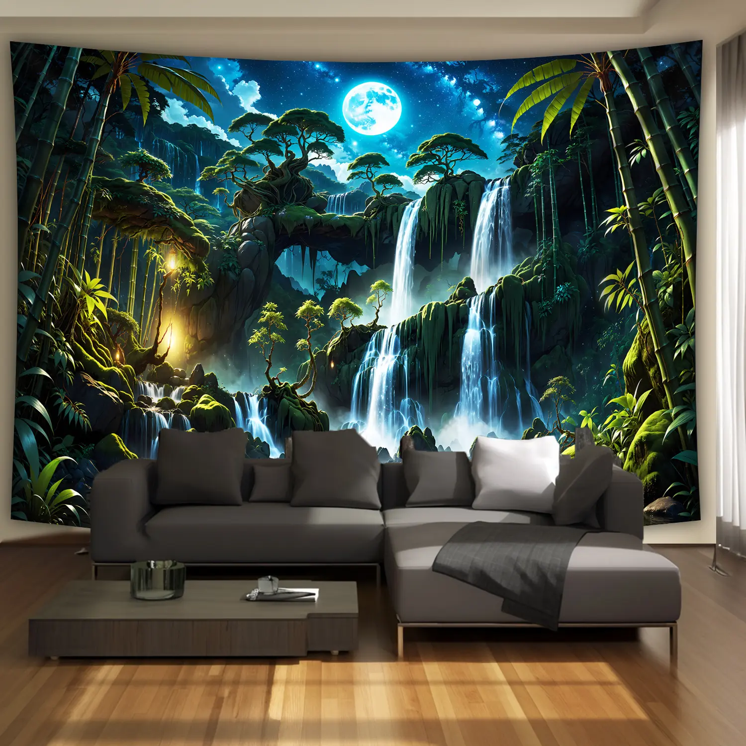 extra large size - tranquil forest waterfall moon landscape photo giant digital printing tapestry wall mural, polyester aesthetic high definition printing hanging cloth, living room bedroom office family room party decoration, wall decoration