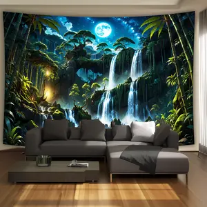 1 piece - extra large size - tranquil forest waterfall moon landscape photo giant digital printing tapestry wall mural, polyester aesthetic high definition printing hanging cloth, living room bedroom office family room party decoration, wall decoration