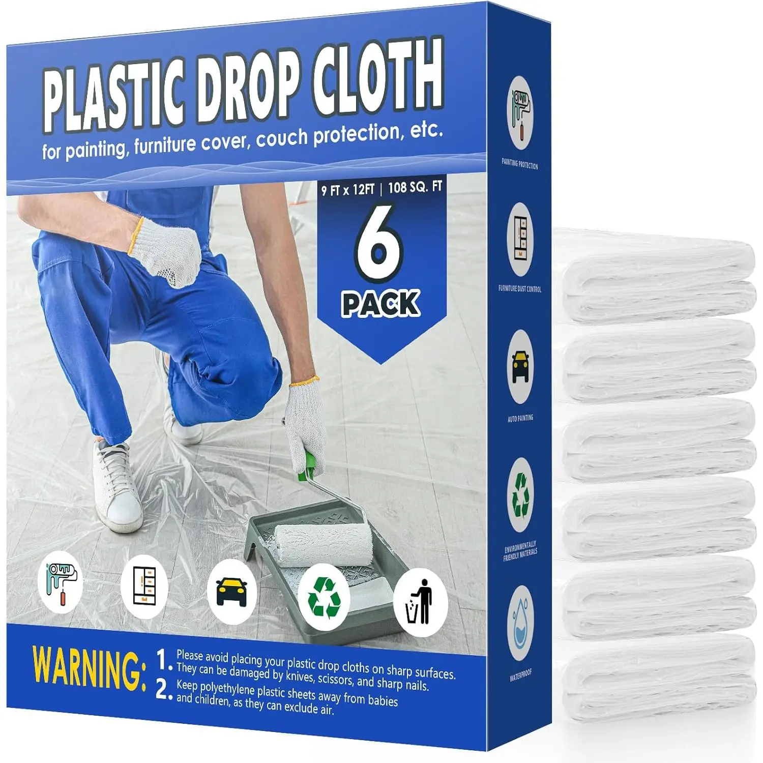 Plastic Drop Cloths for Painting, 9x12 Ft Extra Large Painting Supplies, Plastic Sheet Dust Cover for Furniture, Floor, Couch Protector (6-Pack)