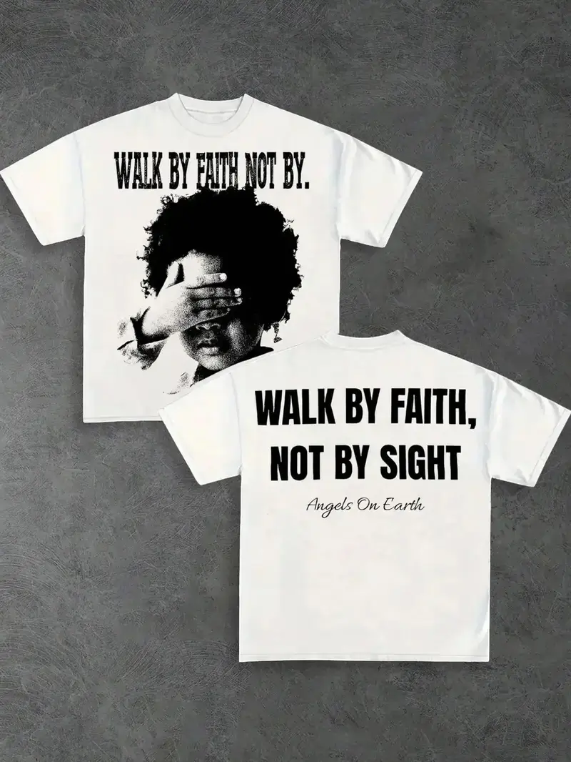 Men's 100% Cotton Casual Classic Christian Graphic T-Shirt - Crew Neck, Short Sleeve, Unisex, Front & Back Print, "Walk by Faith Not by Sight" Design