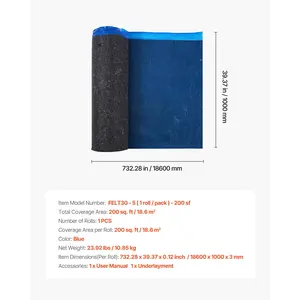 VEVOR Floor Underlayment 200 sq. ft/Roll, 3 mm Thick Laminate Flooring Padding with Attached Vapor Barrier, Heavy Duty Fiber+ PE Film, Soundproofing Noise Reduction, Ideal for Laminate Wood Floors