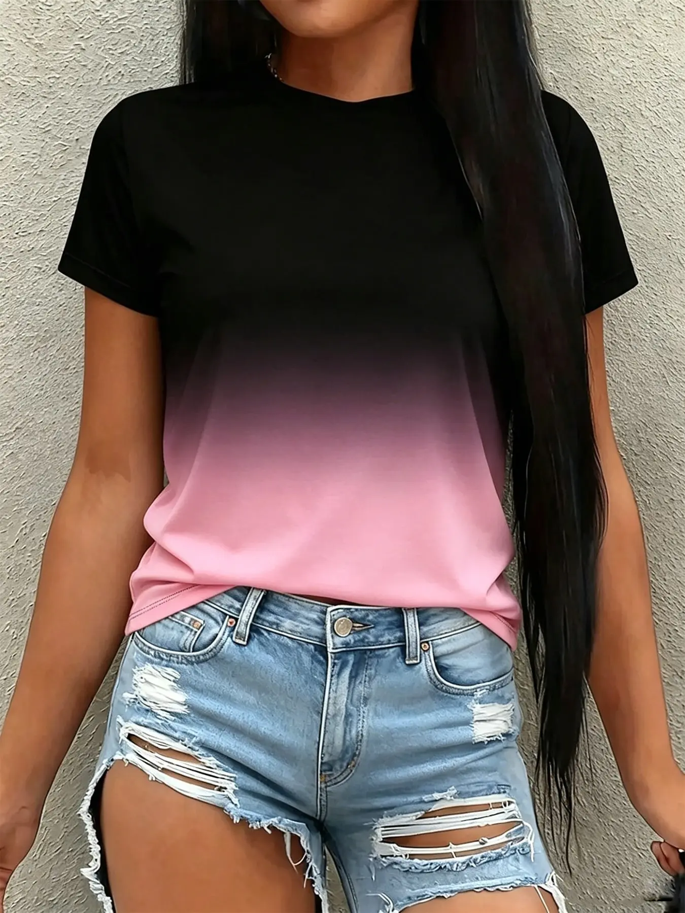 TikTok Viral Women's Ombre Gradient T-Shirt, Crewneck Short Sleeve Casual Loose Tee, Black to Pink Color Block, Y2K Aesthetic, Summer Streetwear, for Daily, Casual & Vacation Wear, Trendy Top for Girls & Women