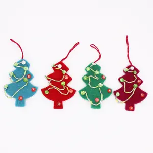 Sequin Christmas Trees Hanging Ornaments Set of 4 Felt Holiday Charms Wool Decor