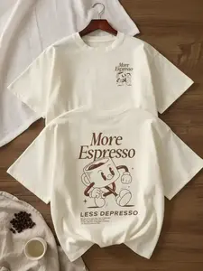 100% Cotton More Espresso Less Depresso Coffee T-Shirt, Oversized Retro Cartoon Coffee Cup Graphic Tee, Casual Vintage Streetwear Top for Coffee Lovers, Summer Crewneck Short Sleeve Tshirt for Men Women