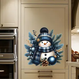 Christmas Blue Herringbone Snowman Wall Sticker - Waterproof PVC Self-adhesive Holiday Decoration with Pine Branches, Berries, and Spherical Ornaments, Suitable for Bathroom, Living Room, Bedroom - Holiday Home Decoration and Gifts