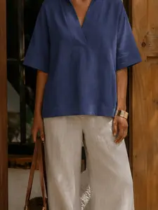 2026 Spring Summer V-Neck Linen Cotton Blouse, Plus Size Loose Half Sleeve, Solid Color Women's Top, Style