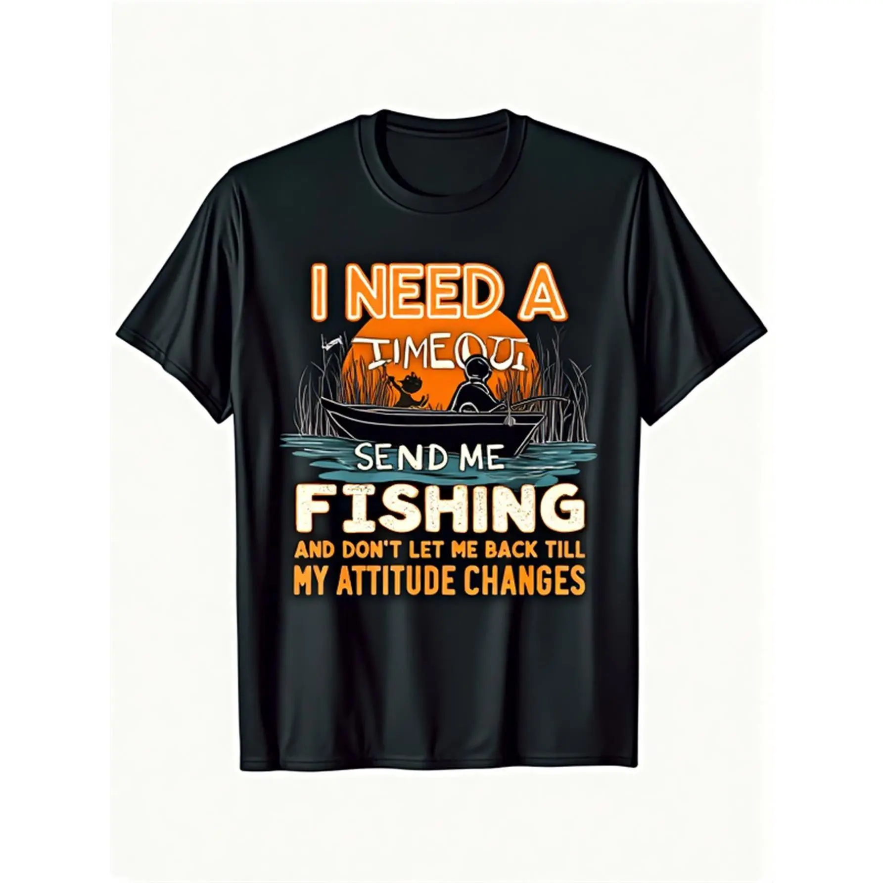 Funny Fishing Quotes T-Shirt | "I Need A Break" Fishing Pattern Boat Scene Print Black Shirt with Orange Font - Unisex Youth Suitable Non-Stretch Crew Neck Casual Top, Perfect Gift for Anglers, Machine Washable Daily Summer Wear, Humorous Apparel