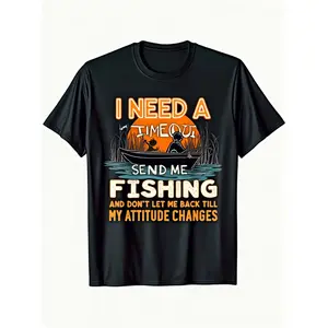 Funny Fishing Quotes T-Shirt | "I Need A Break" Fishing Pattern Boat Scene Print Black Shirt with Orange Font - Unisex Youth Suitable Non-Stretch Crew Neck Casual Top, Perfect Gift for Anglers, Machine Washable Daily Summer Wear, Humorous Apparel