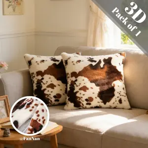 1pc Double Sided Cow Print Fluffy Throw Pillow Cover Cushion Cover Vintage Luxury Style Two-Sided Print Soft Durable Easy Care 18x18Inch Pillow Insert Not Included For Living Room Bedroom Office Home Decor