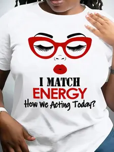 Vibrant 'energy Match' Graphic Printed Fit Tee with Bold Lip and Glasses Print, Soft Cotton Casual Wear, Womenswear Aesthetic, Perfect for Daily Tiktok-Inspired