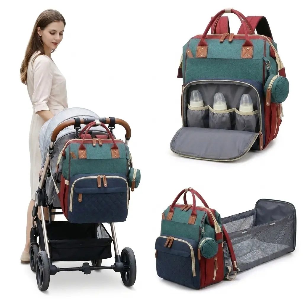 Unisex Travel Diaper Backpack, Multifunctional 3‑in‑1 Baby Bag with Foldable Bassinet Bed, Waterproof Fabric, USB Port, Ideal Baby Shower Gift for Boys & Girls