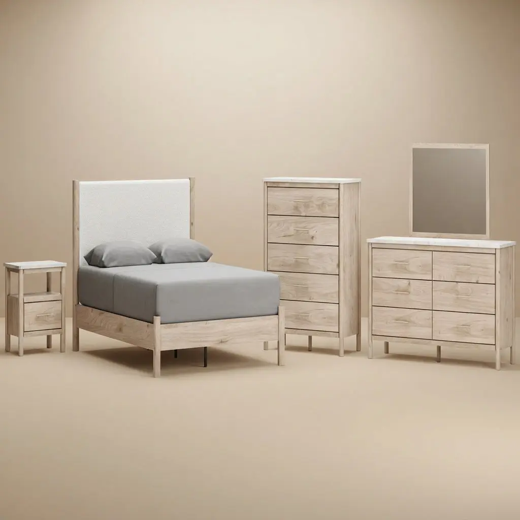 Cadmori Queen Upholstered Panel Bed with Mirrored Dresser, Chest and Nightstand
