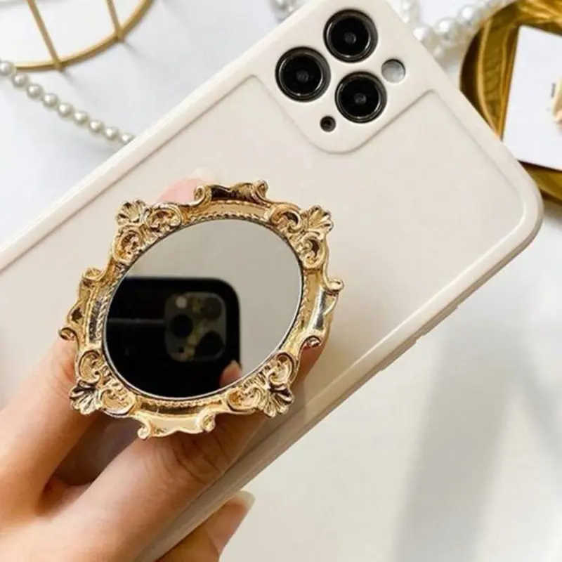 Vintage Pattern Mirror Adhesive Foldable Phone Air Cushion Stand - Round Desktop Slouchy Holder, Ideal Gift for Family/Friends, Compatible with iPhone, Android Phones