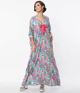 Unique Vintage Pink & Blue Paisley Print Bow Front Caftan