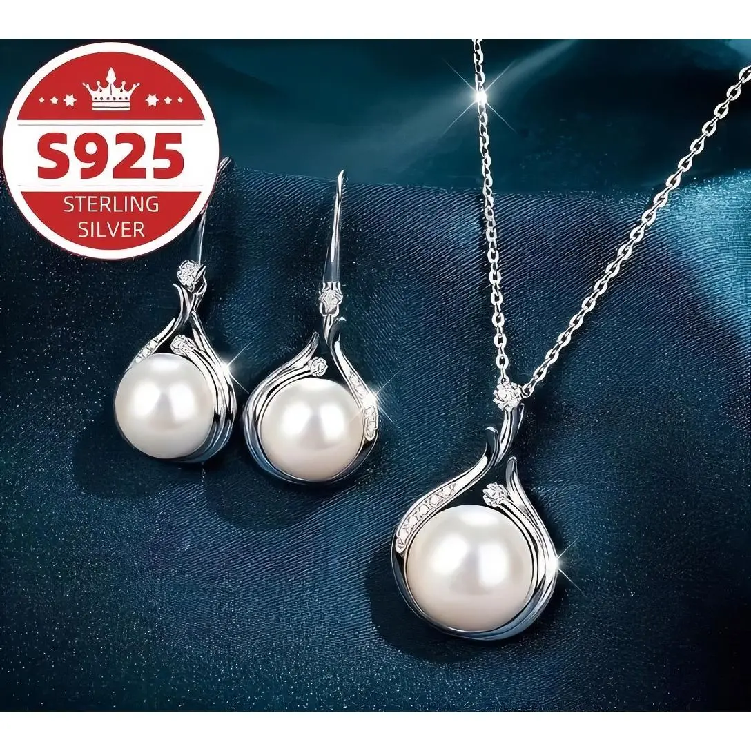 Unisex S925 Sterling Silver Link Chain Pendant Necklace & Earrings Jewelry Set, Prong-Set Round Pearl Accents, Perfect for Special Occasions