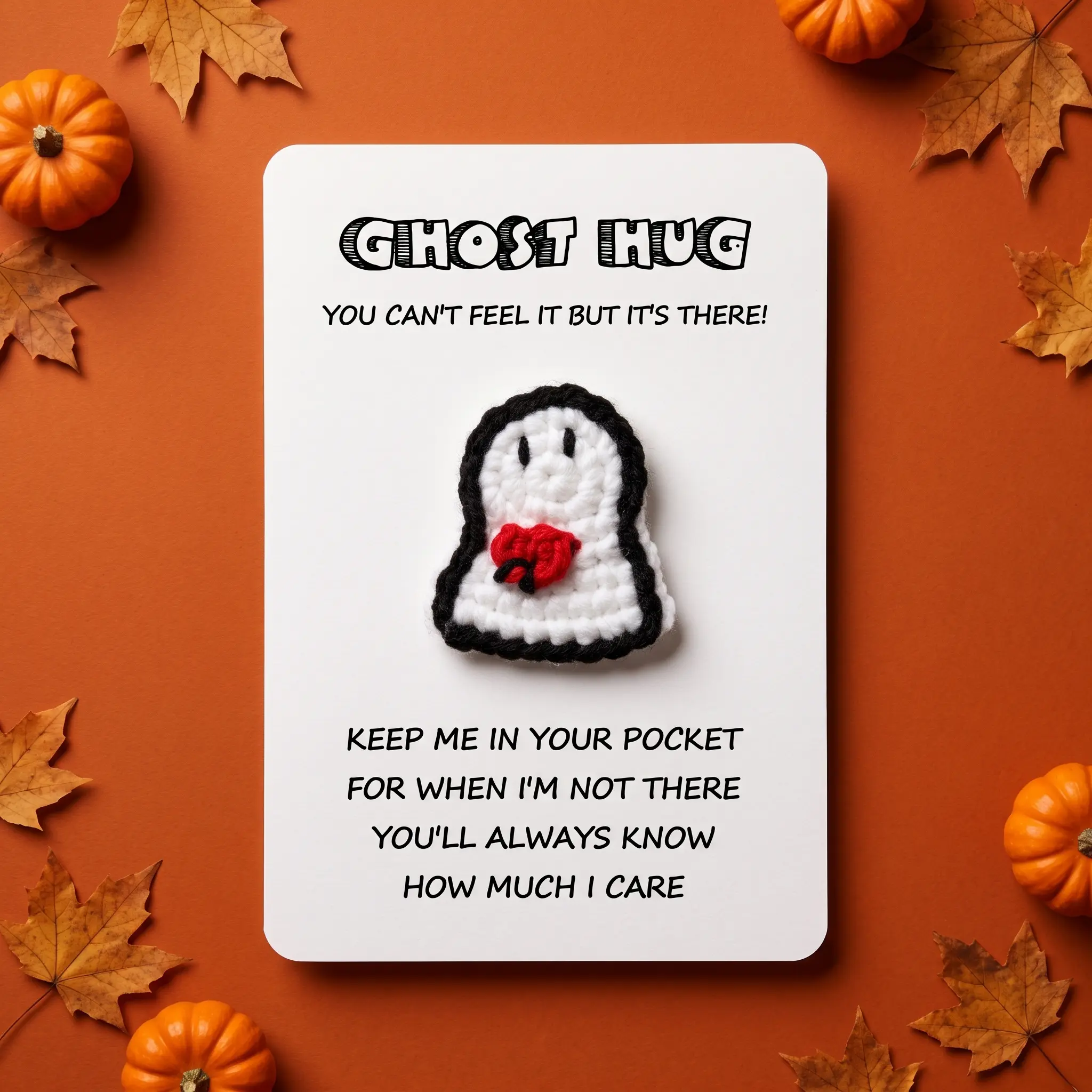 Handmade Crochet Ghost Hug Card – Cute "You Can't Feel It But It's There" Pocket Hug Gift Card for Boyfriend, Girlfriend, Couples, Bestie, Sentimental Keepsake Card (3.9" x 6.3")