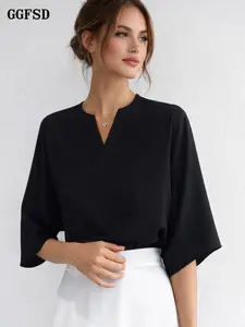Women's French V-Neck Shirt Blouse Summer New Chic Fashion Casual Loose Fit Slimming Cool Half Sleeve Top, Stylish Casual Wear