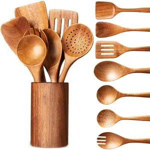 8-Piece Wooden Kitchen Utensil Set - Natural Solid Wood Material with Spoons, Spatulas, Ladles, and More wooden kitchenware