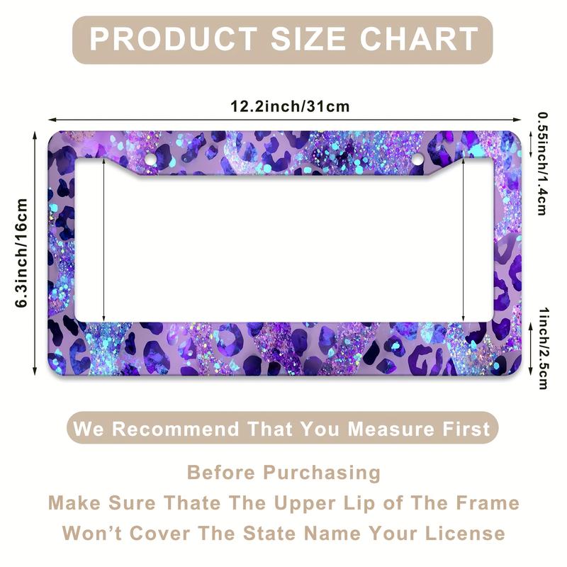 1pc Purple Leopard Print with Glitter License Plate Frame, License Plate Cover for Car Decorative Parts, Aluminum License Plate Bracket Holder Rust-Proof Rattle-Proof Weather-Proof for US Standard Car